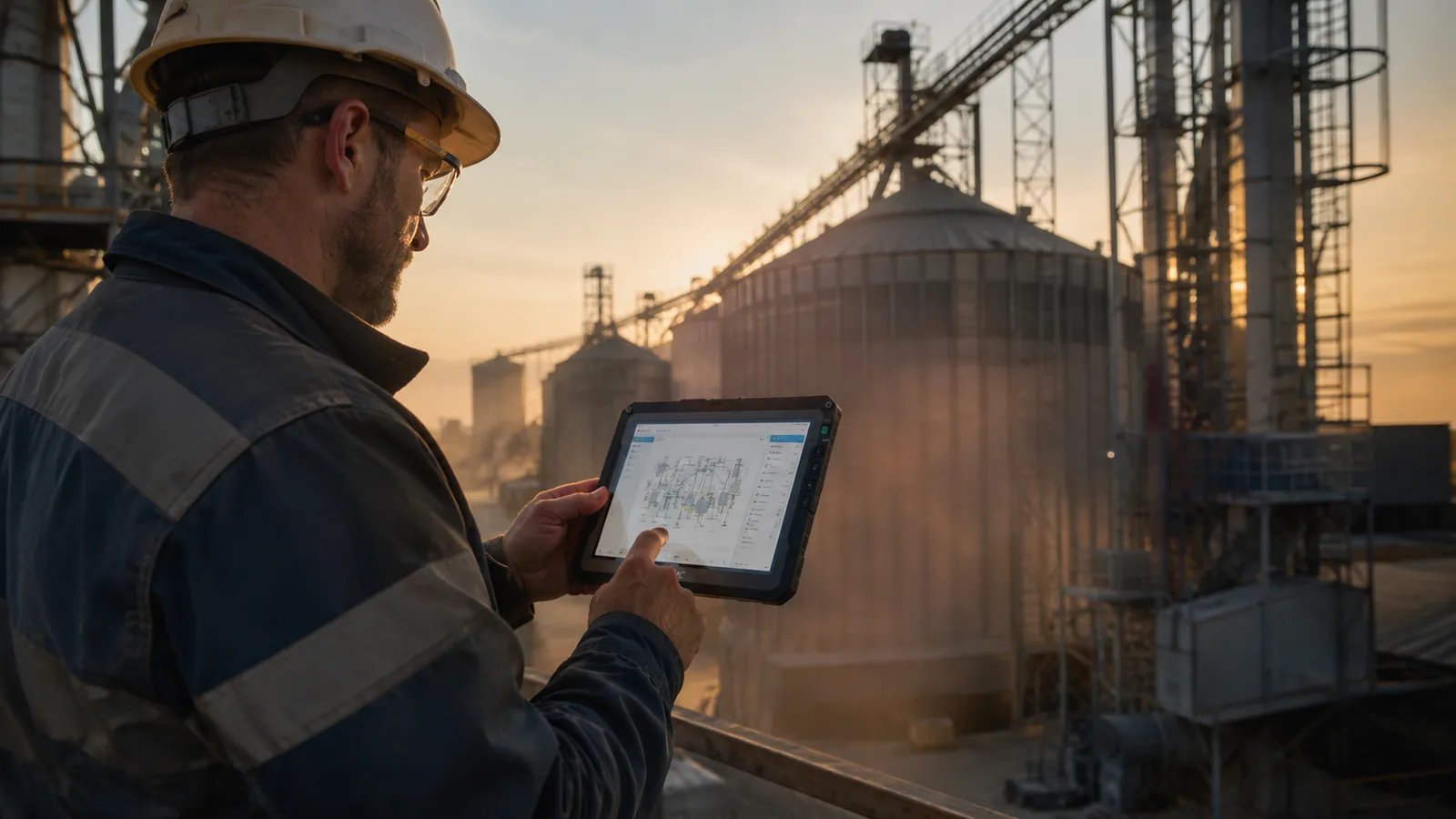 Técnico usando una tablet Android intrínsecamente segura en una planta de silos de granos con polvo en el aire