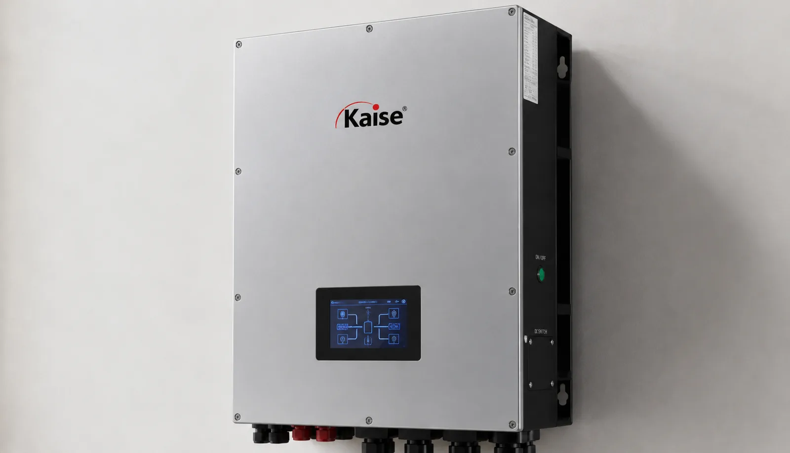 Pantalla de un inversor solar híbrido mostrando el flujo de energía entre paneles, red y baterías